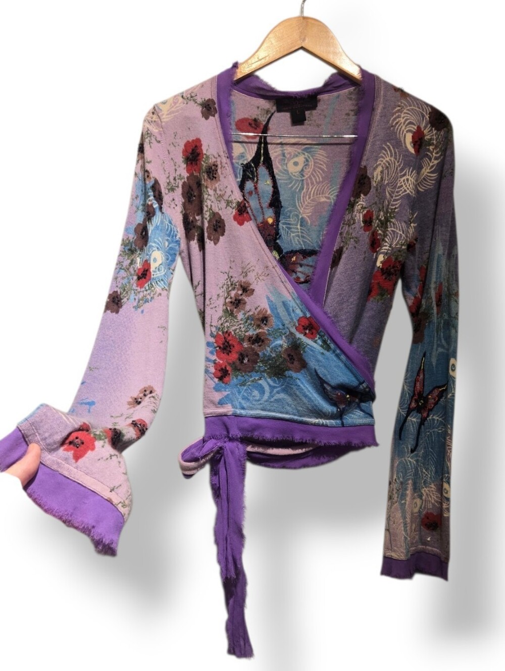 Raw 7 Cashmere Wrap Cardigan Sweater Skull Butterfly Sz L Y2K Fairy Tattoo